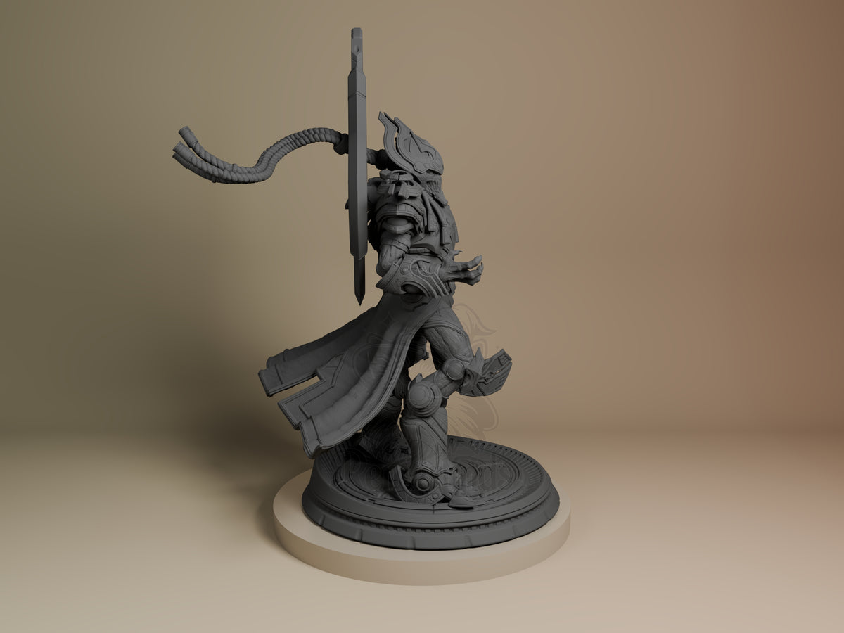 Artanis from Starcraft II is an unpainted side-view resin figure with armor and blade on a base.