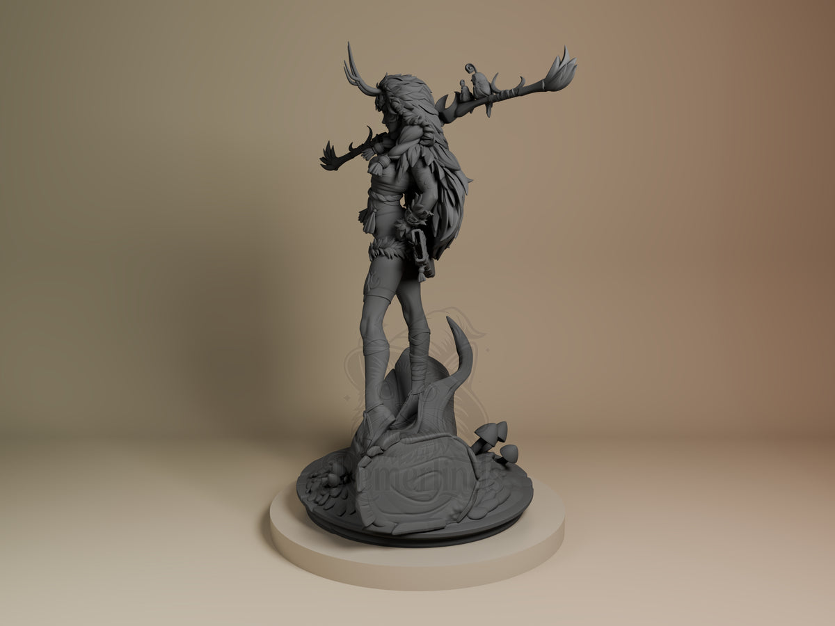 Artemis resin figure from Hades in dynamic pose with arms raised, unpainted gray finish, mounted on detailed base, angled side view.
