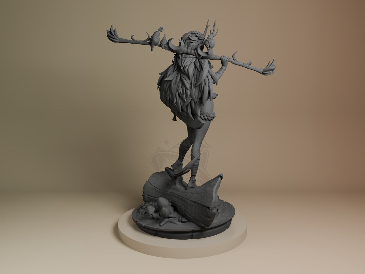 Artemis resin figure from Hades shown from back, unpainted gray, dynamic pose with dual weapons raised, mounted on dark base with cream platform.