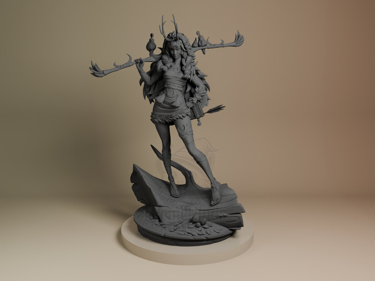 Artemis from Hades resin figure shown from front, posed dynamically on a leaf-shaped base, holding dual staffs with antlers, unpainted gray finish.