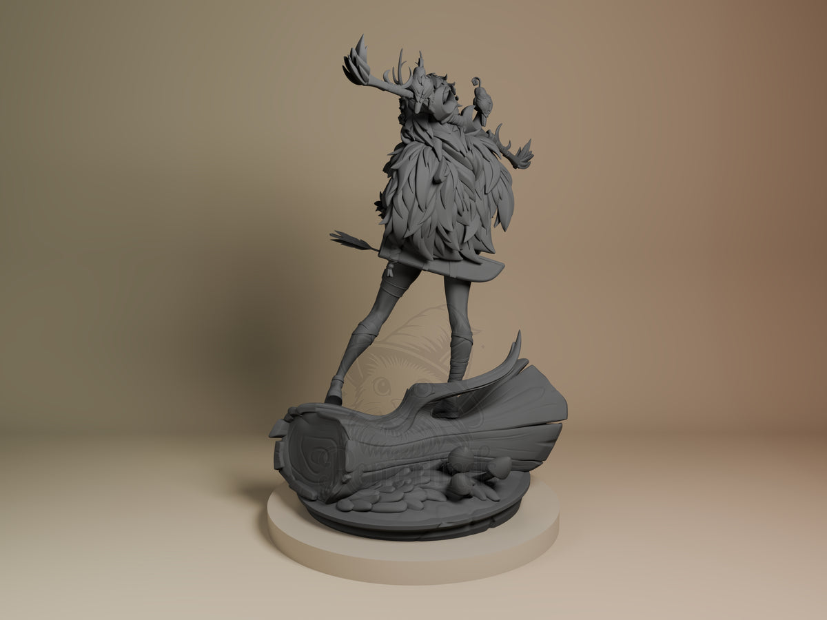 Artemis from Hades resin figure shown from left angle, unpainted gray, standing on decorative base with feathered upper body and long legs.