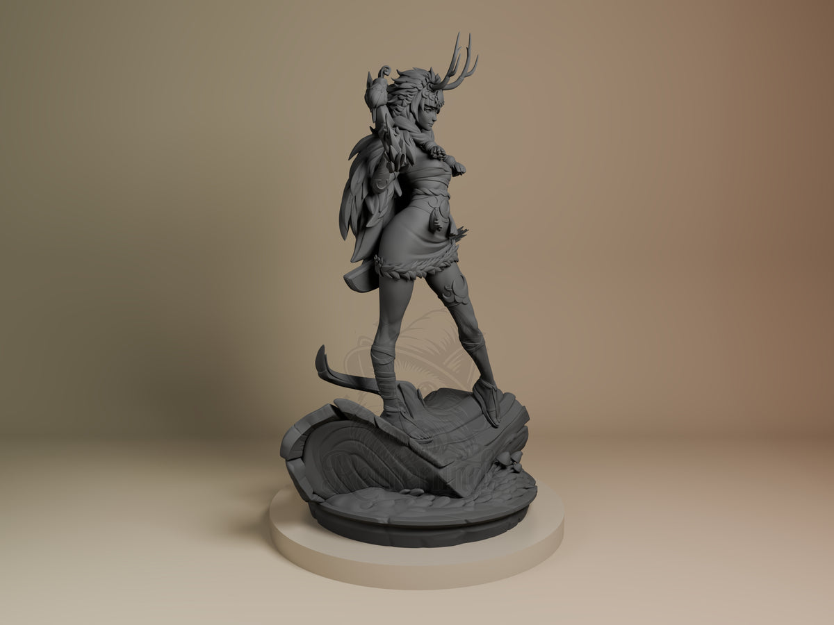 Artemis resin figure from Hades shown from the right side, unpainted grey, standing on a winged base with dynamic pose and detailed horned headdress.