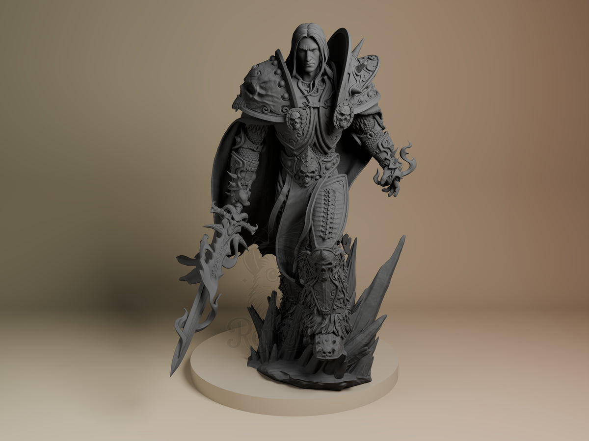 Front view of Arthas from World of Warcraft, a gray resin figure with sword and sculpted base.