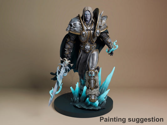 Arthas resin figure from World of Warcraft, painted in blue and silver armor with cyan magical effects, holding glowing sword, standing on dark base with crystalline details.