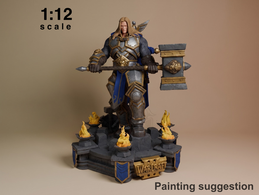 Painted 1:12 scale resin figure of Arthas from World of Warcraft standing on ornate base with flaming braziers, wielding large axe, detailed armor in blues and golds.