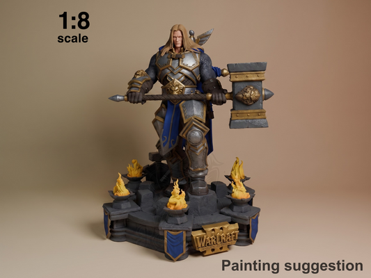 Arthas resin figure at 1:8 scale, fully painted in blue and gold armor, wielding twin weapons on ornate dark base with golden flames, front-facing pose.