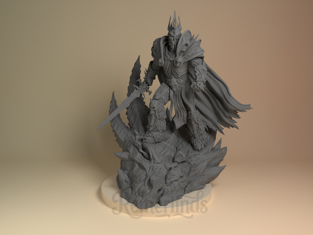 Arthos World of War Realms 3D printed resin figure by Nomnom, unpainted front view. The figure depicts Arthas standing triumphantly with one foot atop a large, intricately detailed spiked skull. He wields a jagged sword in his right hand and wears elaborate armor adorned with skull motifs, a spiked crown helmet, and a tattered cape flowing behind him. The composition emphasizes his commanding presence and dark, menacing theme fitting for a character from the World of Warcraft universe.