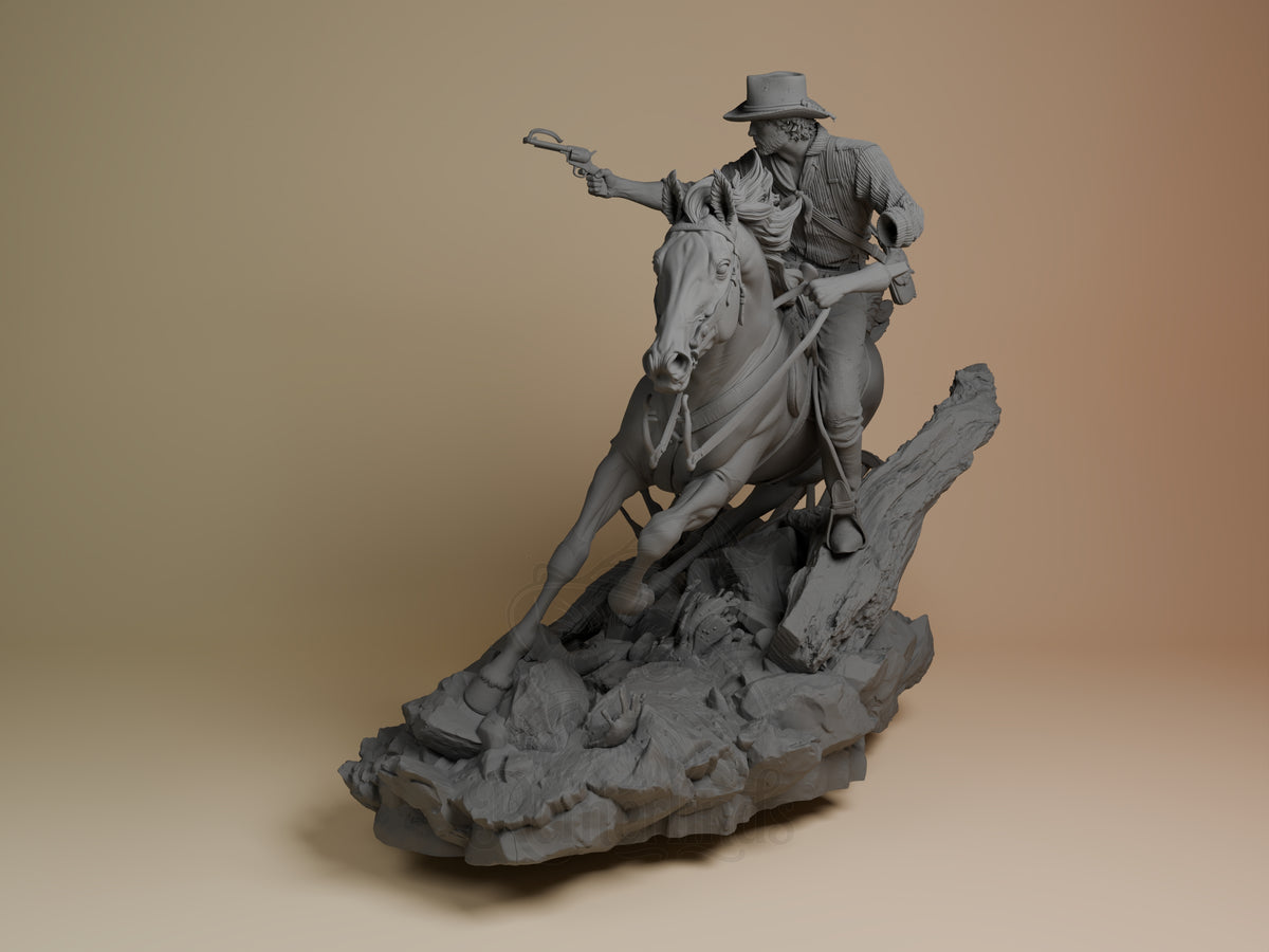 Angled Arthur Morgan from Red Dead Redemption II, an unpainted resin figure riding and aiming on a sculpted horse-and-rocks .