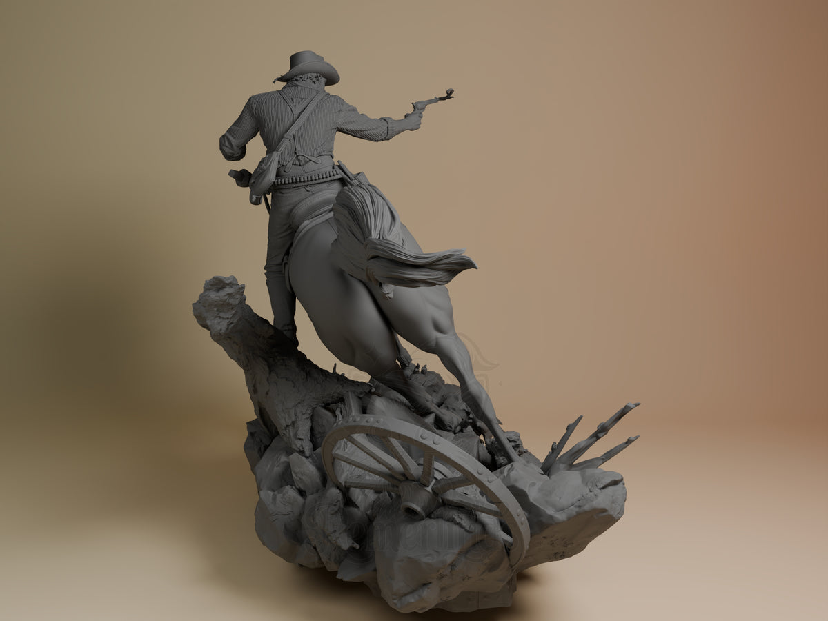 Arthur Morgan from Red Dead Redemption II is shown from behind as an unpainted resin figure on horseback with a rocky base.