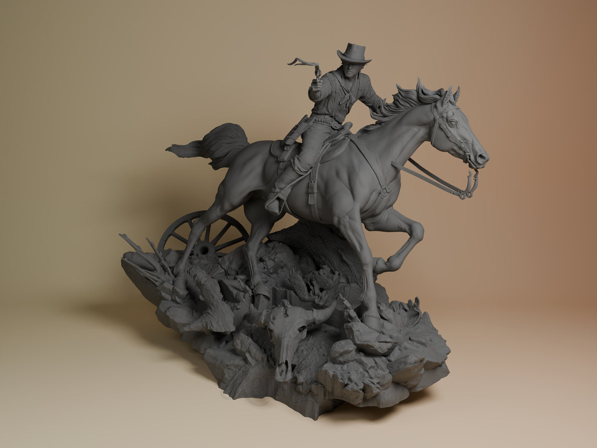 Front view: Arthur Morgan from Red Dead Redemption II, unpainted resin figure, rides a horse, pistol raised, on a sculpted b.