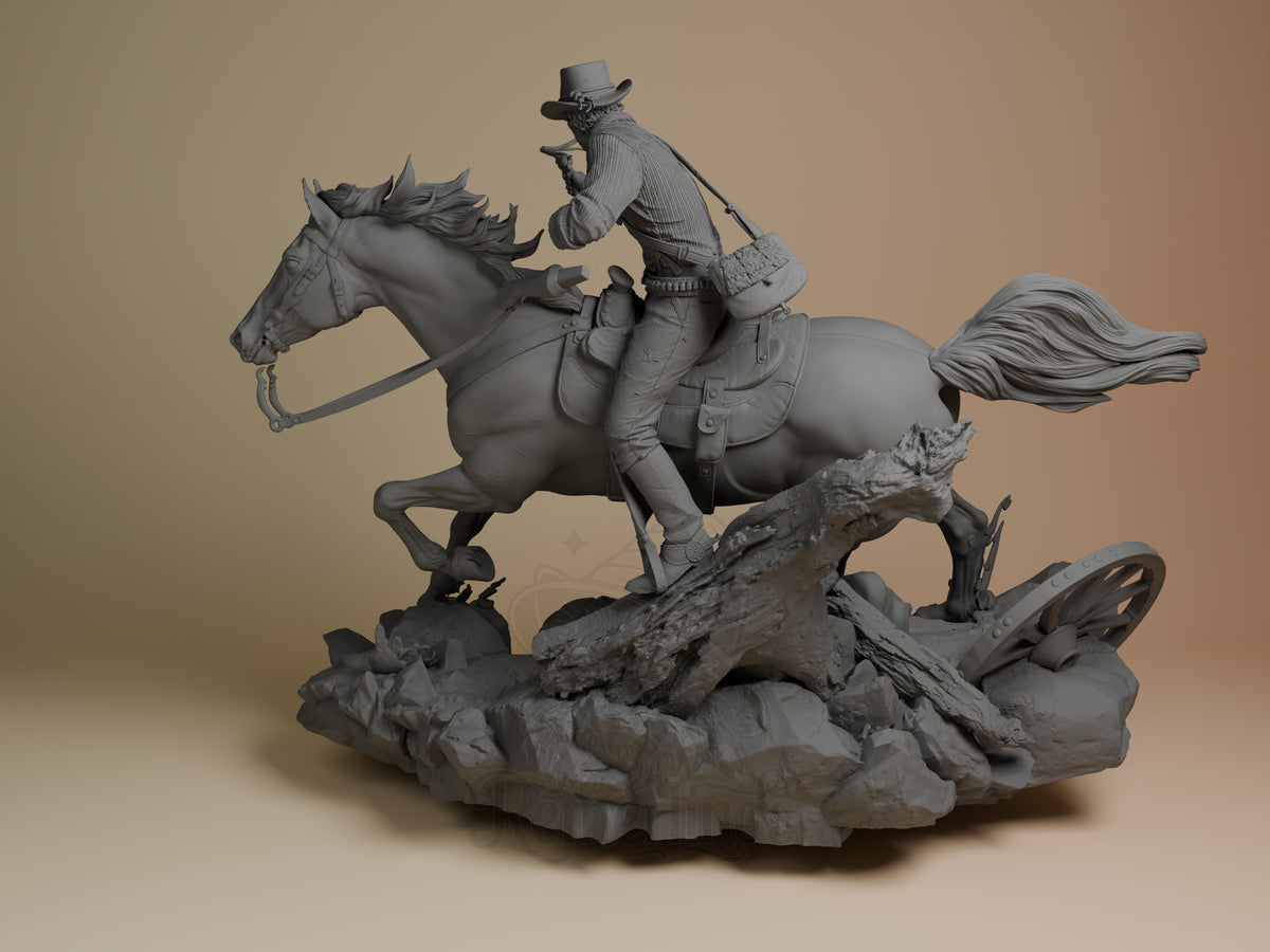 Side-profile unpainted resin figure shows Arthur Morgan from Red Dead Redemption II on horseback over a sculpted base.