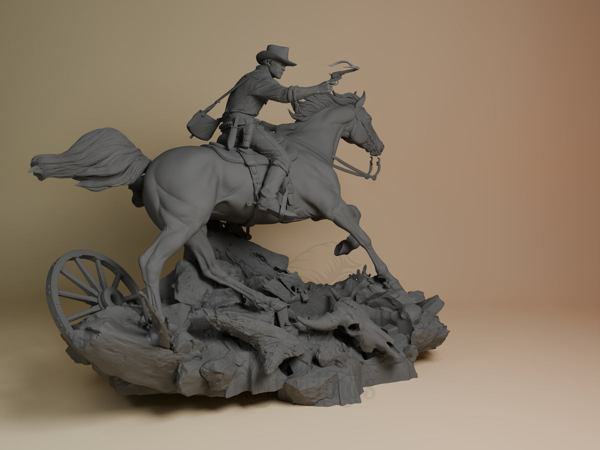 Right-side view of unpainted Arthur Morgan from Red Dead Redemption II as a resin figure riding a horse on a sculpted debris.