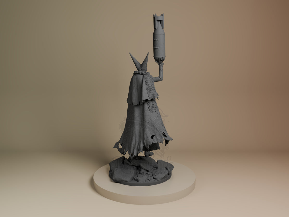 Unpainted back view of the Artillery Witch from Trench Crusade resin figure, with raised shell and rubble base.