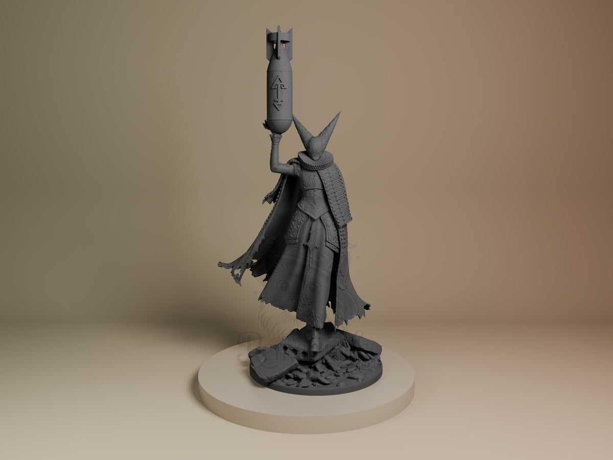 Front view shows the unpainted Artillery Witch resin figure from Trench Crusade on a sculpted rubble base.