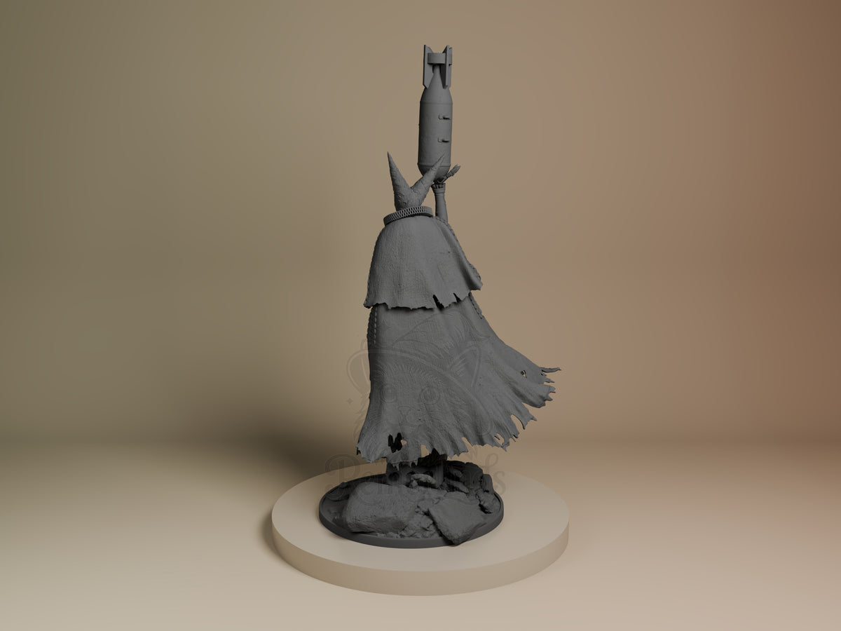 Artillery Witch from Trench Crusade is an unpainted resin figure in left view, with a cloak, raised shell, and rubble base.