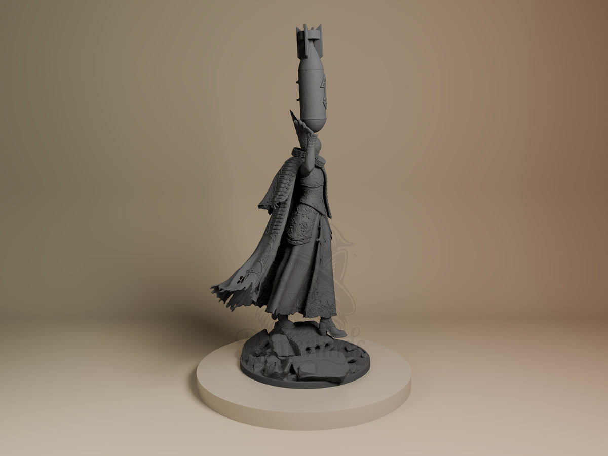The Artillery Witch from Trench Crusade is an unpainted resin figure in right profile, holding a shell overhead on a rocky, .