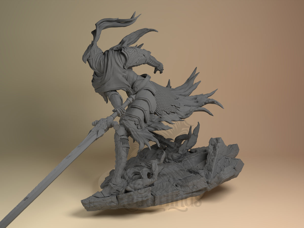 Abyssal Knight Ashen Souls 3D printed resin figure by Nomnom, angled view showing dimensional details.