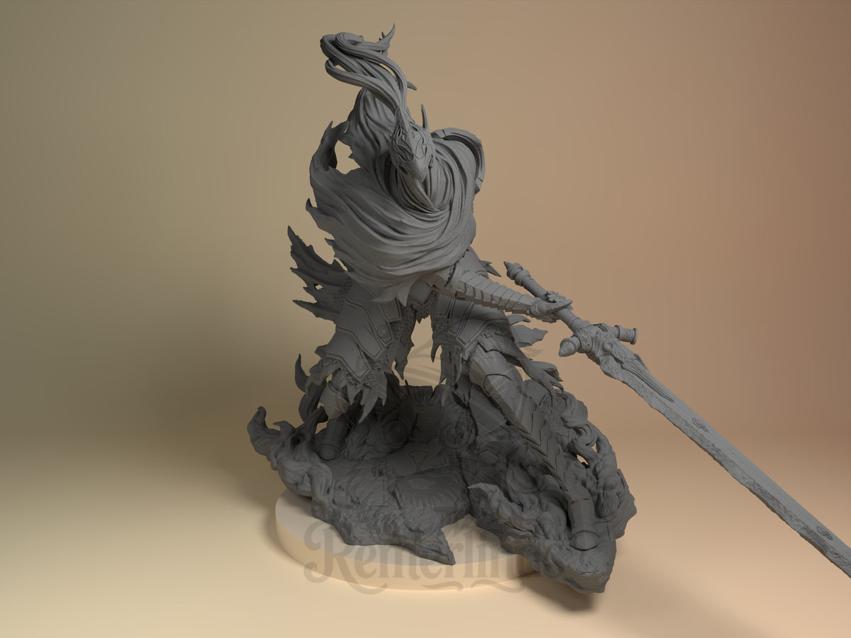 Abyssal Knight Ashen Souls 3D printed resin figure by Nomnom, unpainted front view. This 3D printed resin miniature depicts an Abyssal Knight in an intense combat stance, kneeling with a twisted torso and gripping a long sword aggressively. The figure's armor is highly detailed with sharp, Gothic designs, and the swirling tattered cape adds a strong sense of motion. The base includes dynamic flame or energy effects that ground the figure and enhance the overall dramatic composition.