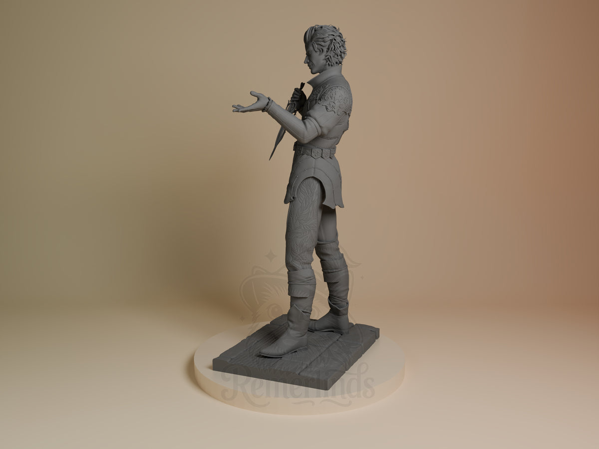 Astarion from Baldur's Gate resin figure shown in side angle, unpainted on a sculpted base.