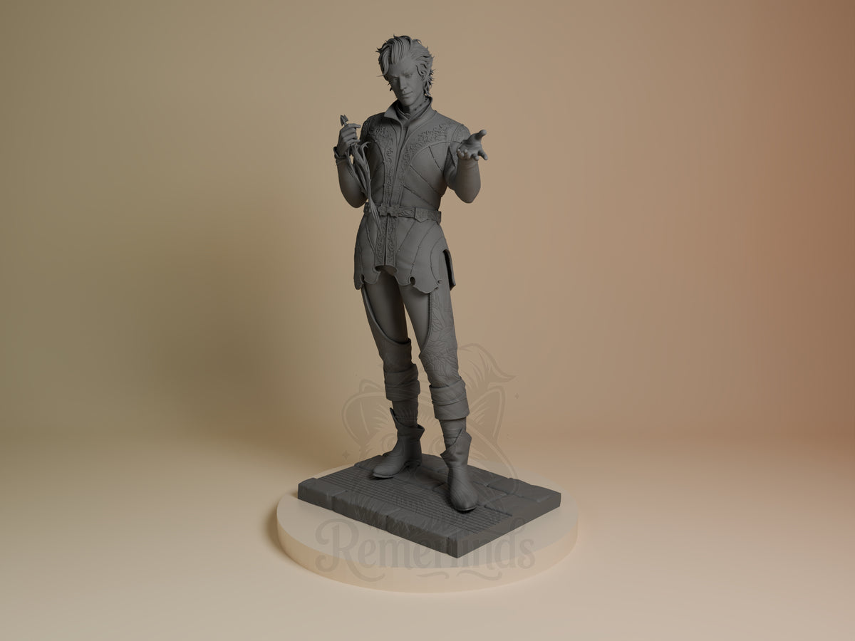 Front three-quarter view of Astarion from Baldur's Gate as an unpainted resin figure on sculpted base.
