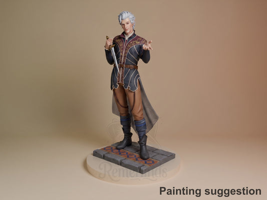 Astarion resin figure from Baldur's Gate 3, fully painted standing pose with sword, ornate armor, white hair, on decorative base.