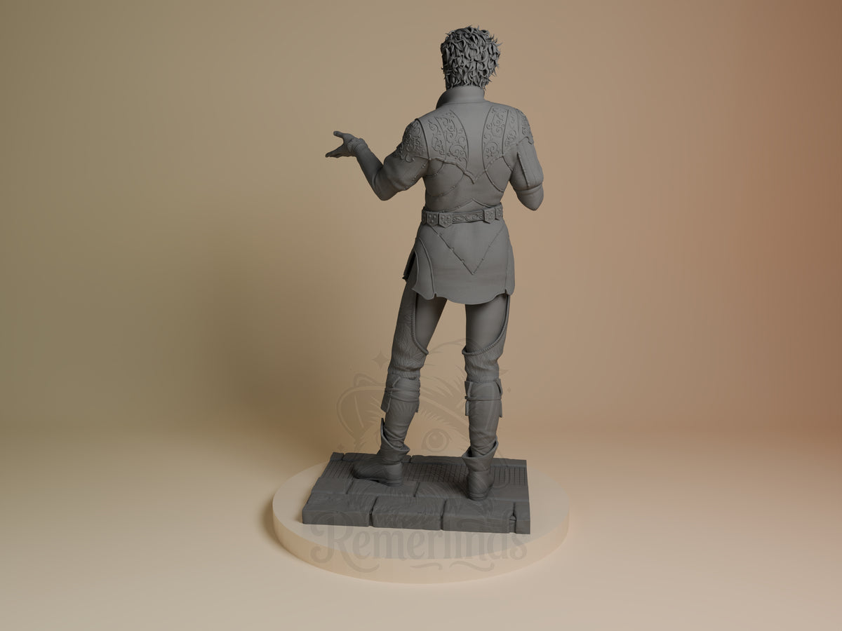 Astarion from Baldur's Gate resin figure shown from behind, unpainted on a sculpted base.