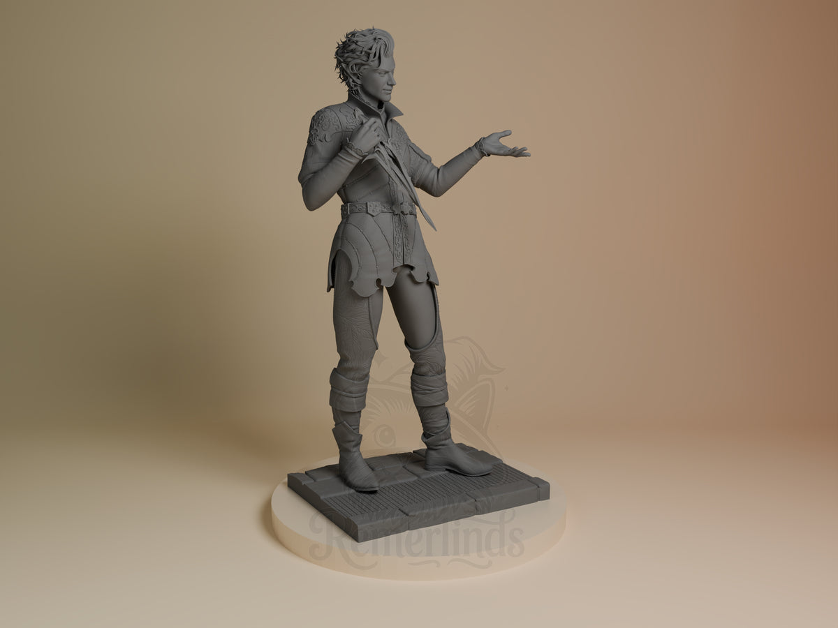 Astarion from Baldur's Gate is an unpainted resin figure in a right-facing pose with raised arms on a sculpted base.