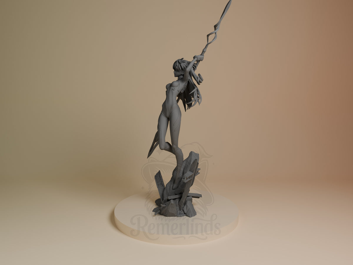 Asuka Langley resin figure from Neon Genesis Evangelion in dynamic pose wielding spear, mounted on textured base, unpainted gray detail.