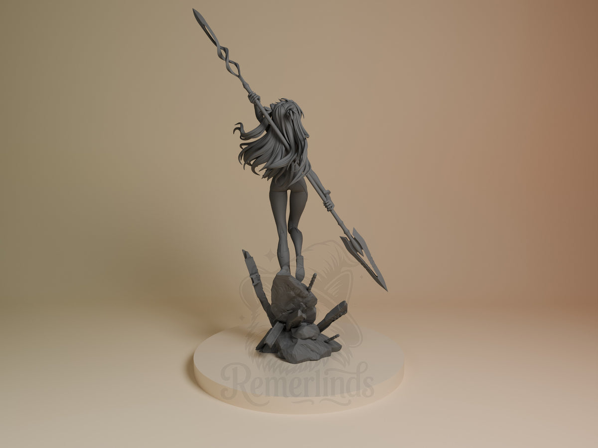 Asuka Langley resin figure from Neon Genesis Evangelion shown from back, wielding spear with dynamic pose, unpainted gray resin on cream base.