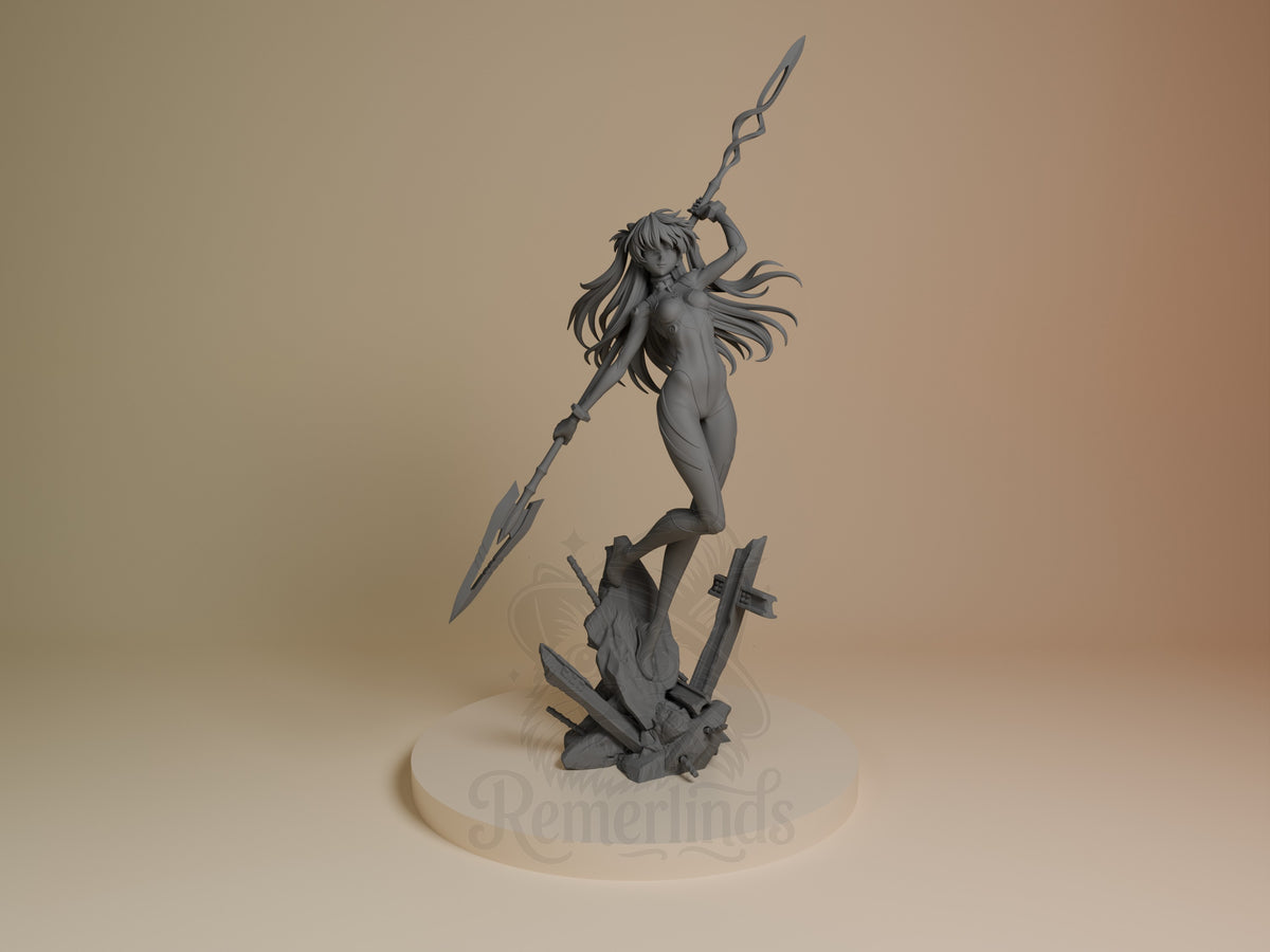 Asuka Langley resin figure from Neon Genesis Evangelion in dynamic spear-wielding pose, unpainted gray finish, mounted on debris base, front view.