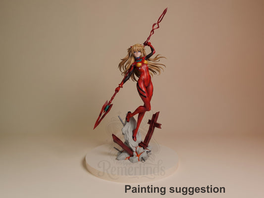 Asuka Langley resin figure in red plugsuit posed dynamically with spear weapon, blonde hair flowing, mounted on rocky base with red cross accent.