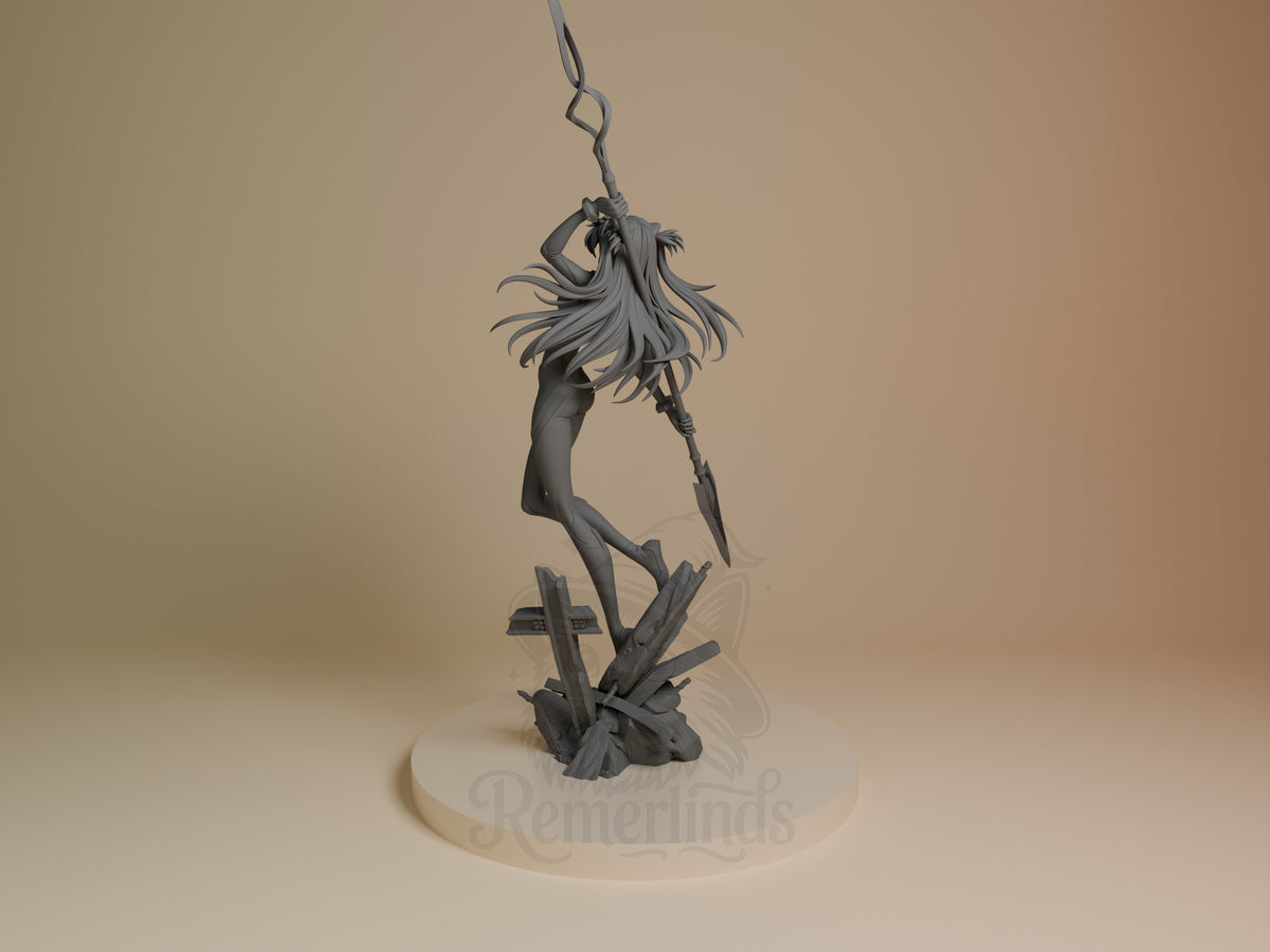 Asuka Langley resin figure from Neon Genesis Evangelion, unpainted gray, mid-swing on rope against wooden base, left side view.