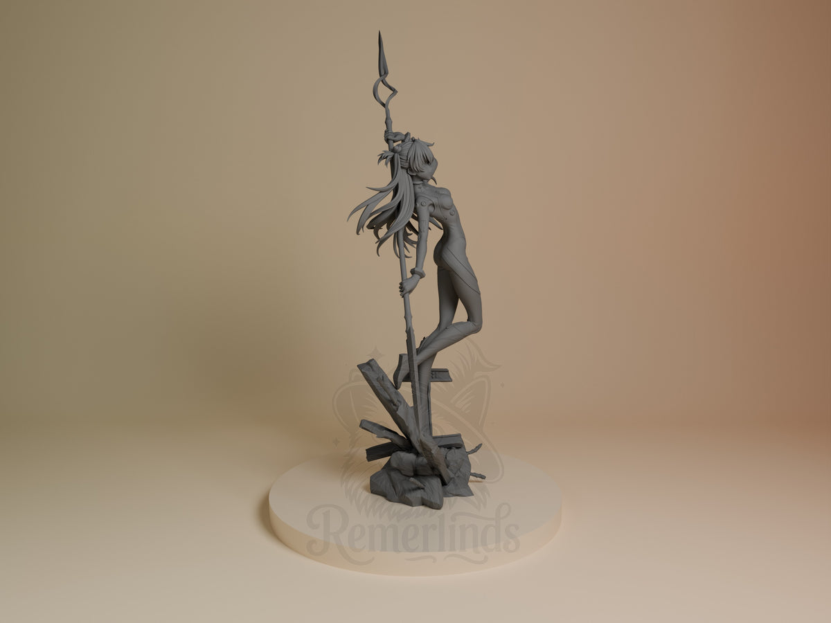 Asuka Langley resin figure from Neon Genesis Evangelion, right side view, holding spear with flowing hair, unpainted gray finish on rocky base.