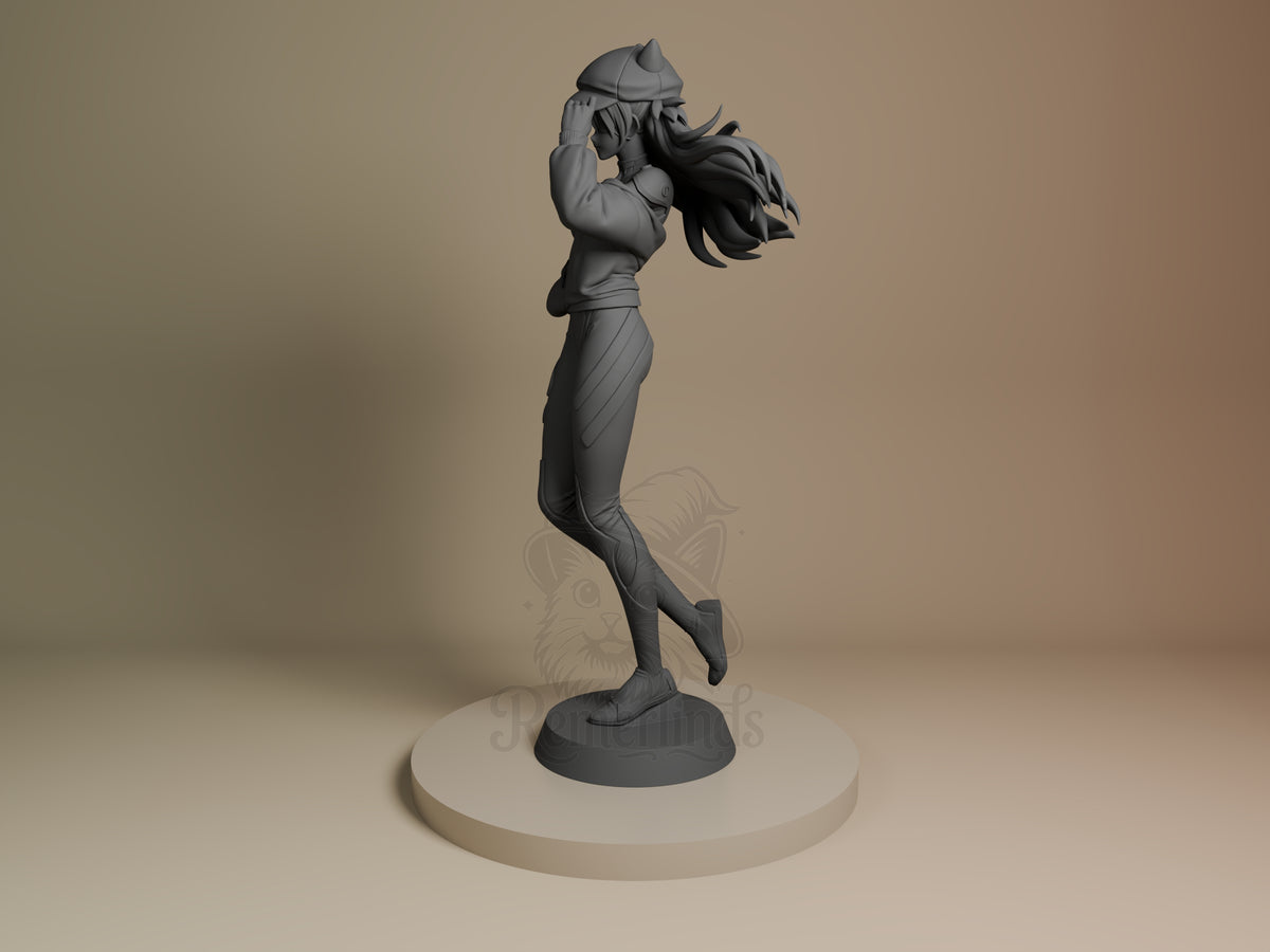 Astra Langley from Mecha Awakening stands in side profile as an unpainted resin figure on a sculpted base.