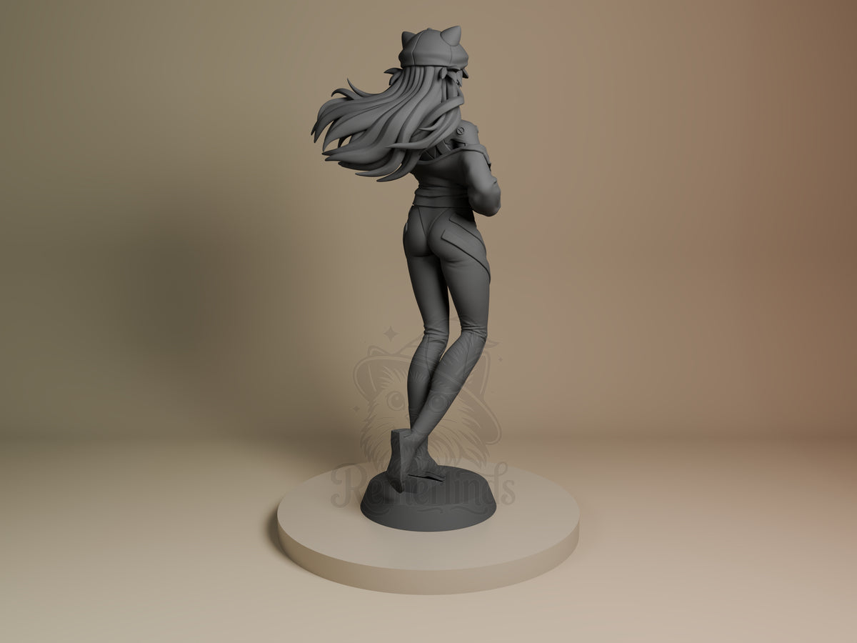 Back view of Astra Langley from Mecha Awakening, an unpainted resin figure with flowing hair on a sculpted base.