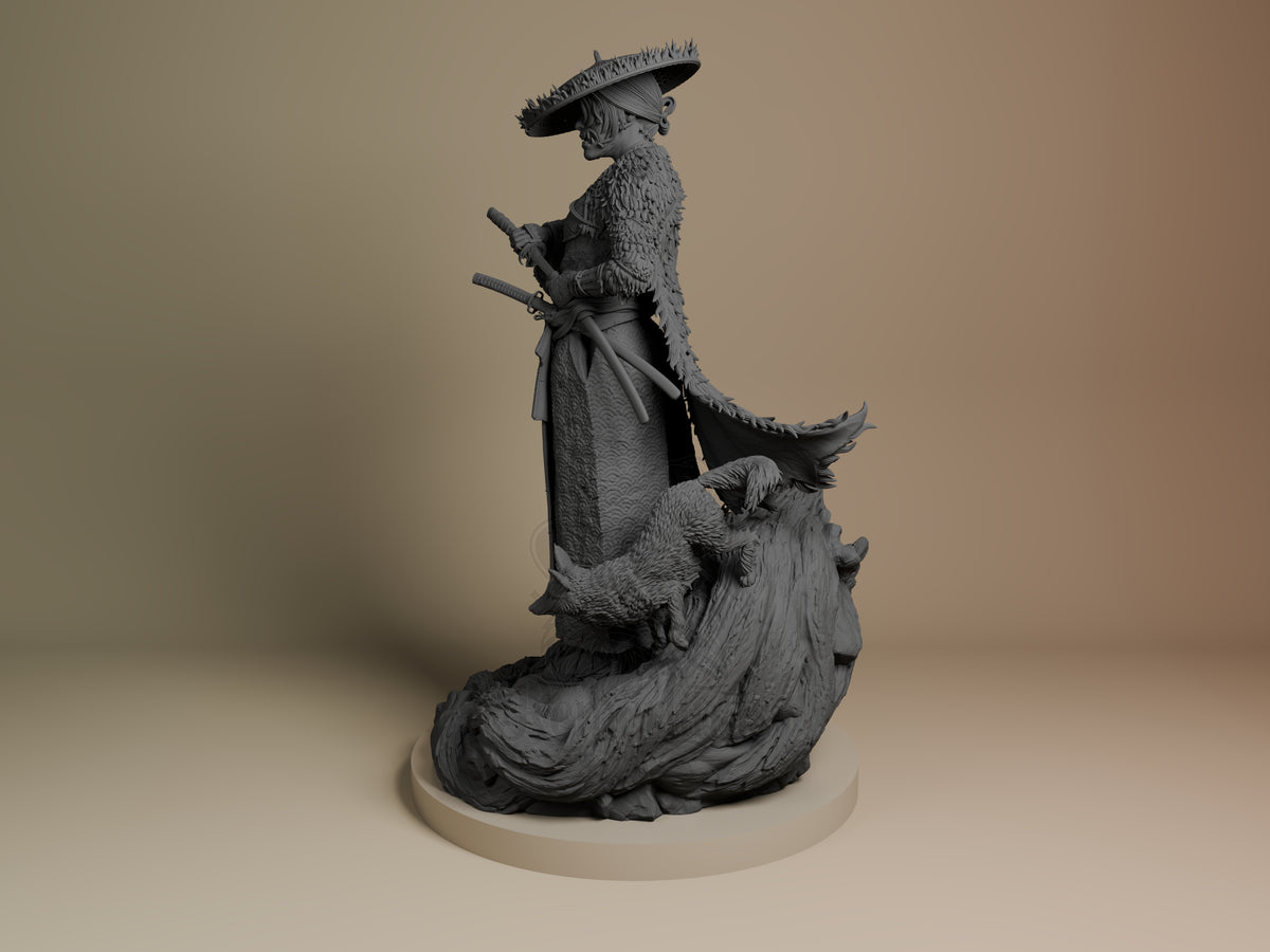Atsu resin figure from Ghost of Yotei standing on oval base, side angle showing detailed fur texturing, samurai outfit with dual swords, unpainted gray resin.