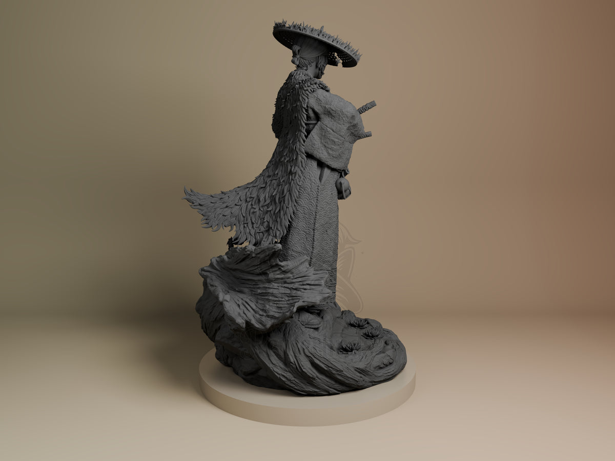 Atsu resin figure from Ghost of Yotei, shown from behind on cream base. Unpainted gray figure displays detailed feathered wings, flowing robes, and traditional hat in three-quarter view.