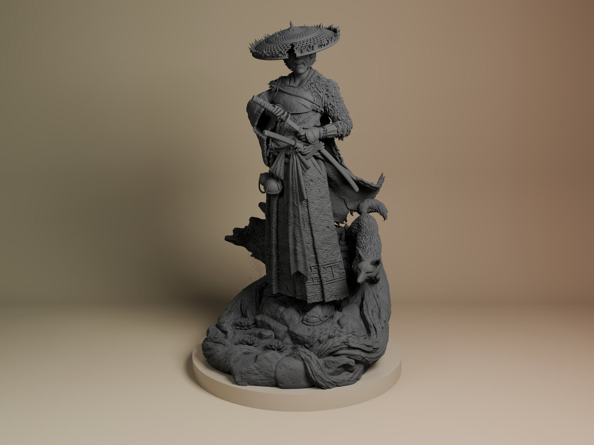 Atsu resin figure from Ghost of Yotei stands on an elephant base, wearing traditional clothing and wide-brimmed hat, unpainted gray resin, front view.
