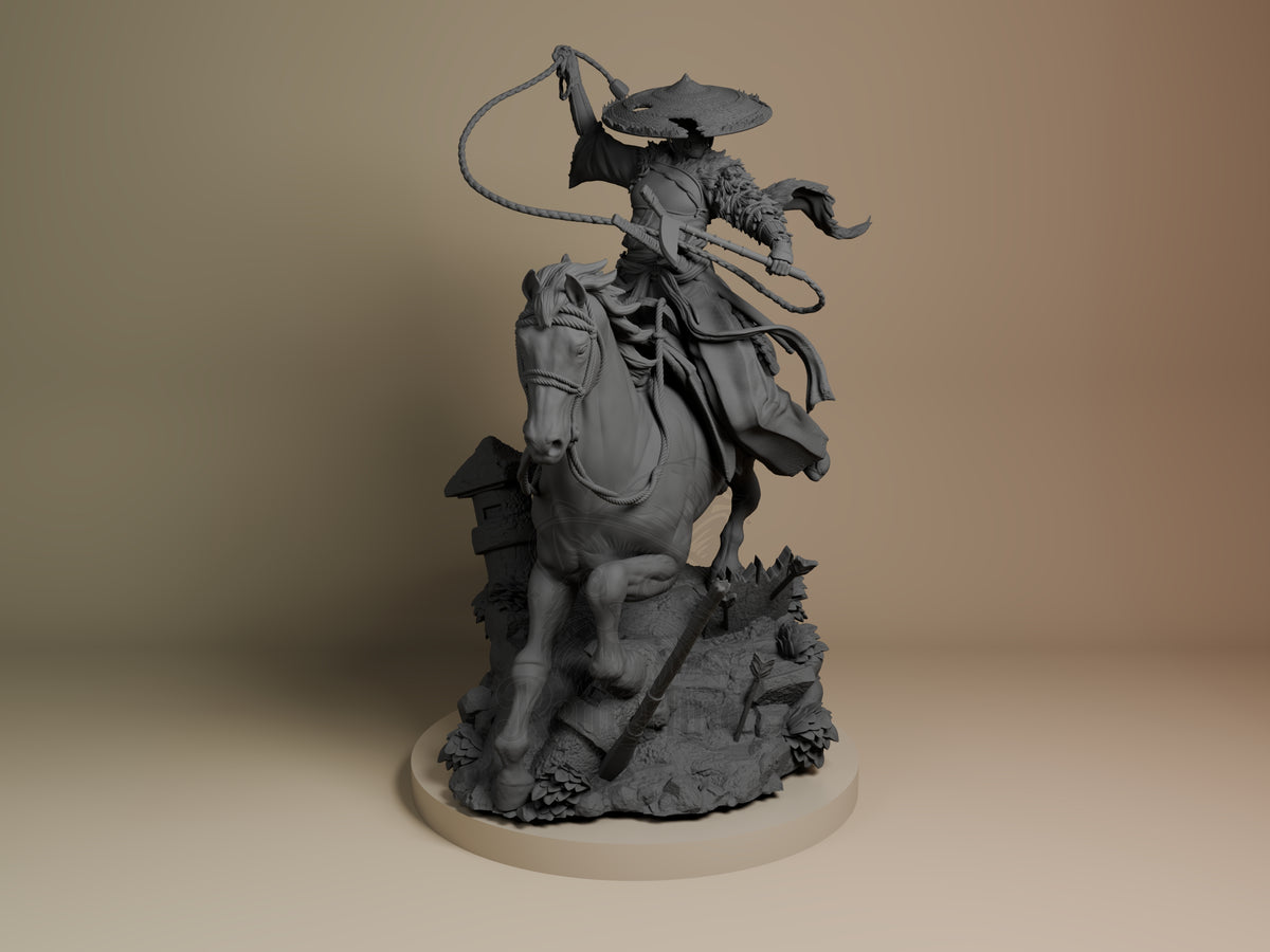 Celestial Spirit Phantom Guardian 3D printed resin figure by Nomnom, unpainted front view. This 3D resin miniature figure depicts a celestial spirit character in a dynamic action pose riding a horse mid-gallop. The character wears traditional flowing robes, a large conical hat, and holds a whip raised aggressively. The detailed base includes rocky ground, foliage, and structural debris enhancing the scene's dramatic movement and atmosphere.