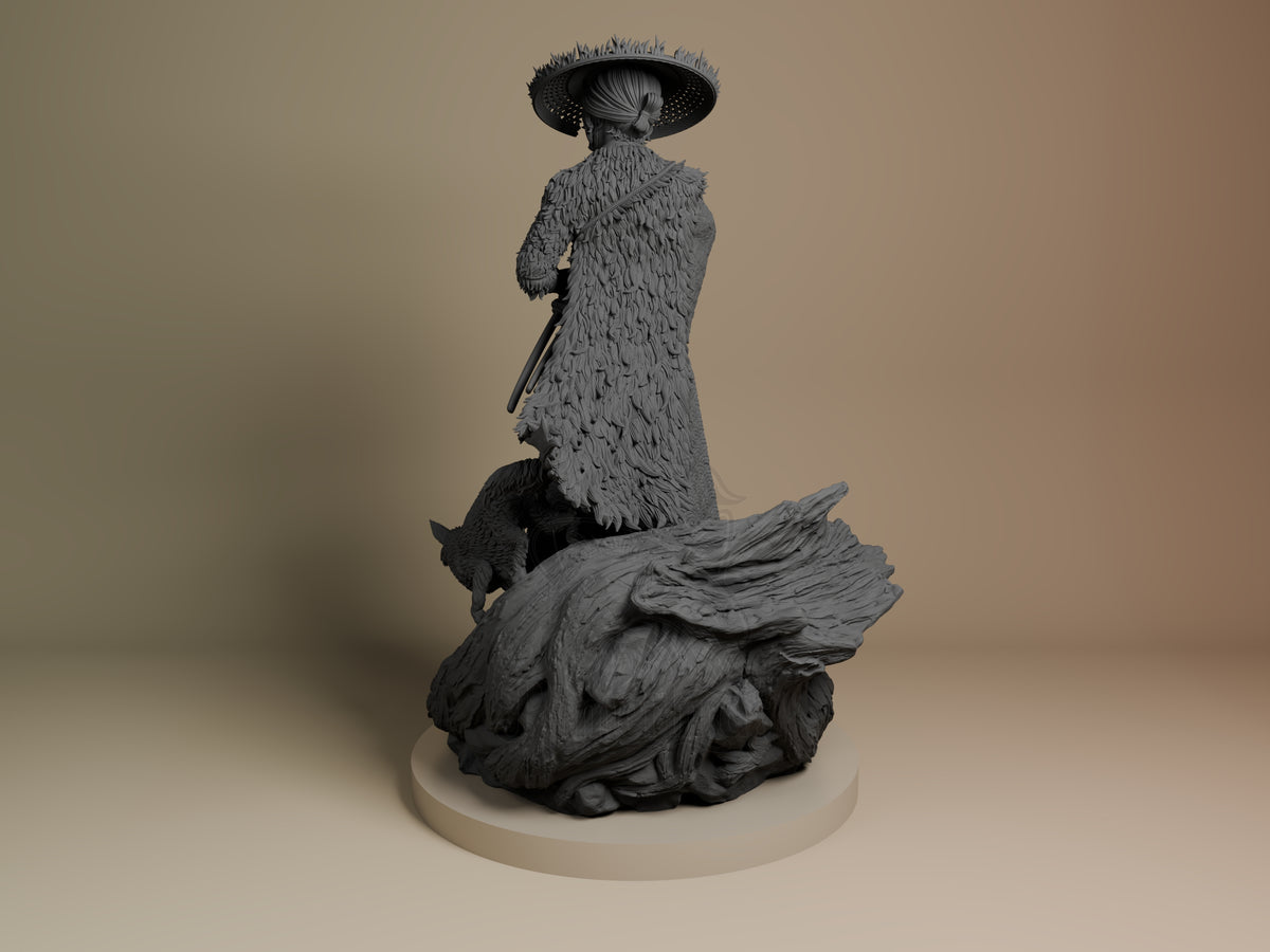 Atsu resin figure from Ghost of Yotei shown from left side, standing on wooden base wearing fur coat and wide-brimmed hat, unpainted gray resin by Bulkamancer.