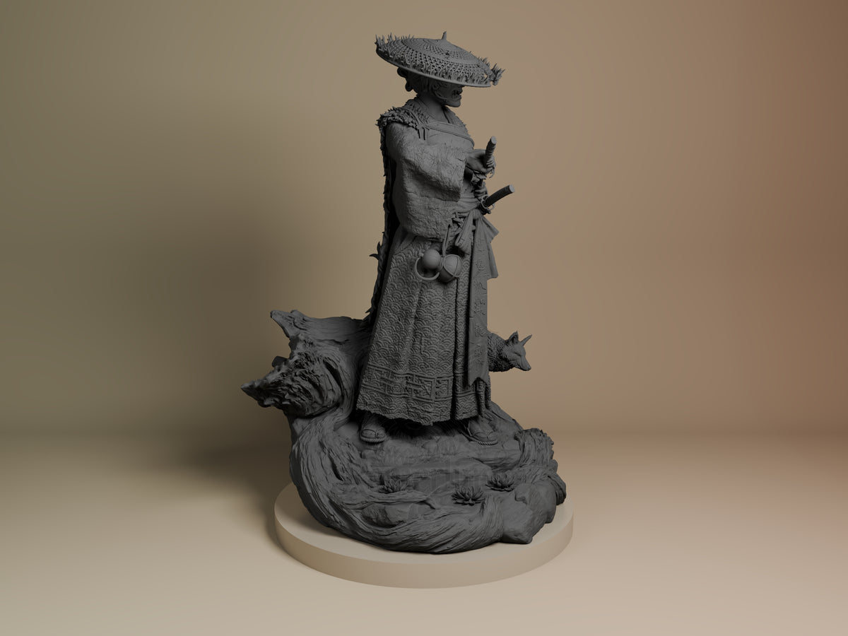 Atsu resin figure from Ghost of Yotei shown from the right side, standing on a white base wearing traditional clothing and wide hat, unpainted gray resin.