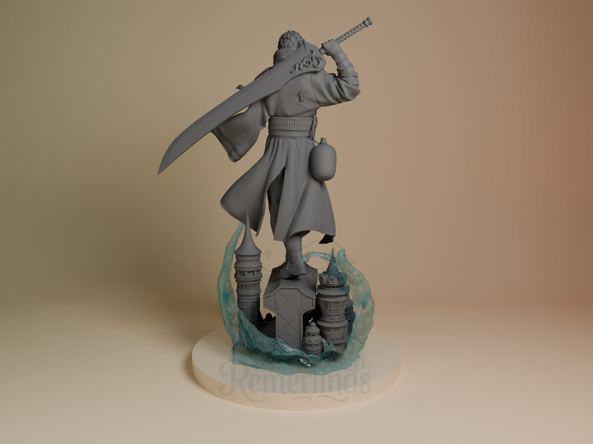 Auron from Final Fable resin figure by Nomnom, rear view showing back and base sculpt.
