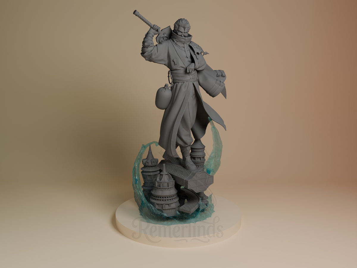 Auron Final Fable 3D printed resin figure by Nomnom, unpainted front view. This 3D printed resin miniature features Auron from Final Fantasy in a dynamic standing pose, gripping his sword raised behind him. The figure is elaborately detailed with a long flowing coat, a scarf covering part of his face, and spiky hair. It stands on a highly detailed base depicting stylized buildings and swirling wave elements, enhancing the overall dramatic and heroic composition of the figure.