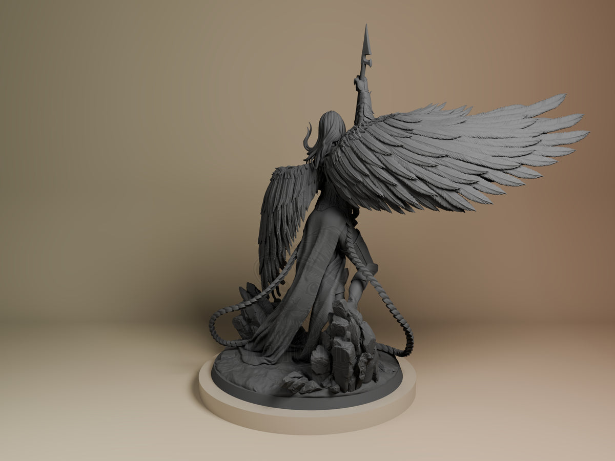 Avacyn the Purifier resin figure shown from behind, wings spread wide, holding spear aloft, unpainted gray resin on cream base.