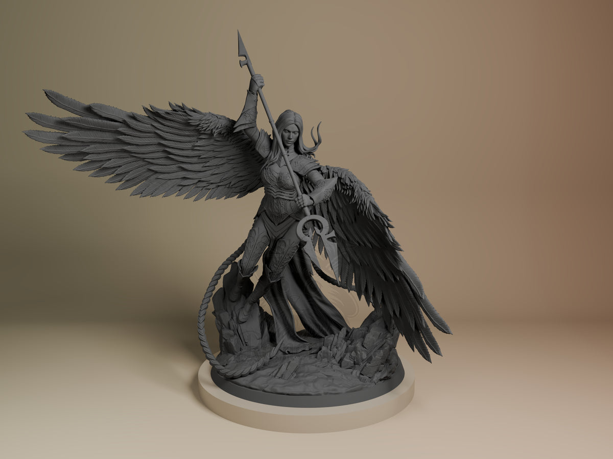 Unpainted resin figure of Avacyn the Purifier from Magic: The Gathering, shown from front angle with spread wings, holding staff aloft, on cream base.