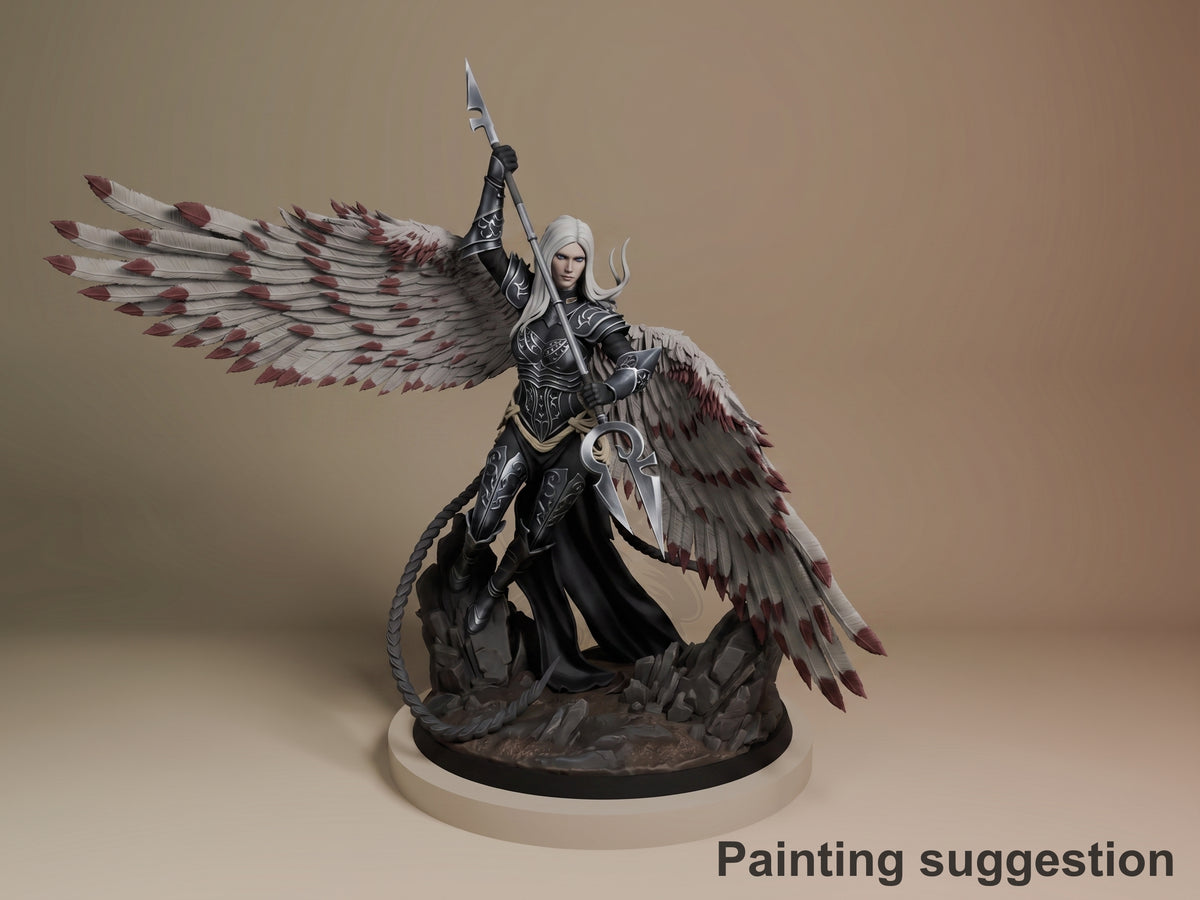 Avacyn the Purifier resin figure in black armor with burgundy and white wings, wielding a halberd, painted on a dark base, angled three-quarter view.