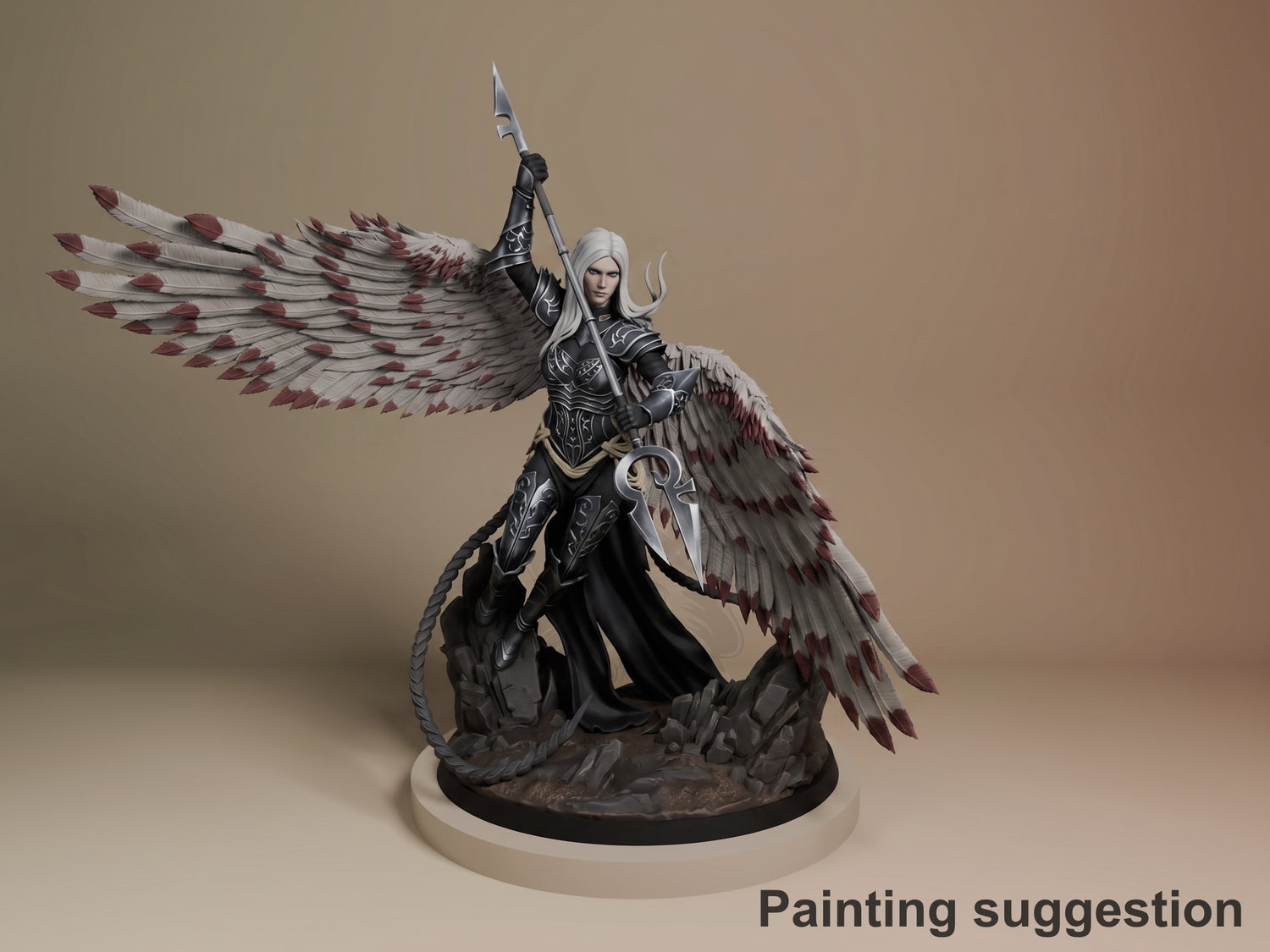 Avacyn the Purifier resin figure in black armor with burgundy and white wings, wielding a halberd, painted on a dark base, angled three-quarter view.