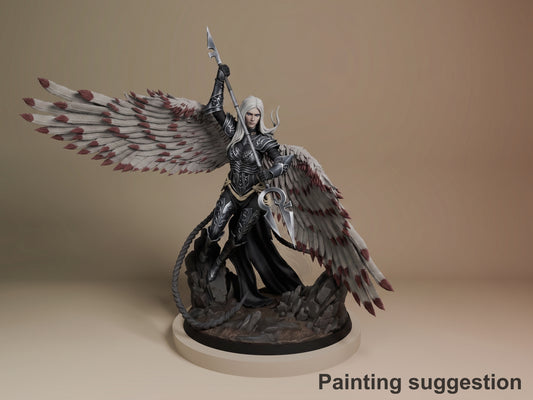 Avacyn the Purifier resin figure in black armor with burgundy and white wings, wielding a halberd, painted on a dark base, angled three-quarter view.