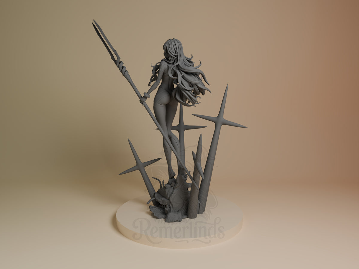 Rear three-quarter view of Azure Pilot from Mecha Awakening, an unpainted resin figure holding a spear on a sculpted base.