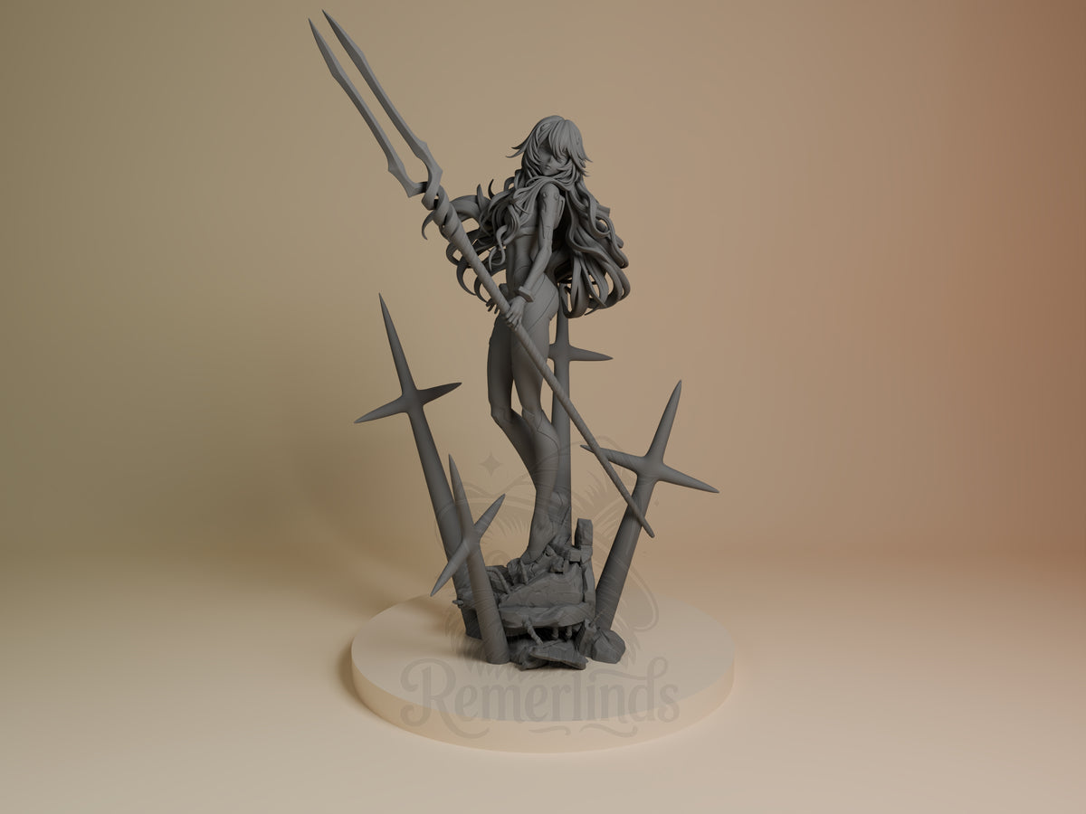 Front view of Azure Pilot from Mecha Awakening, an unpainted resin figure holding a spear on a sculpted base.